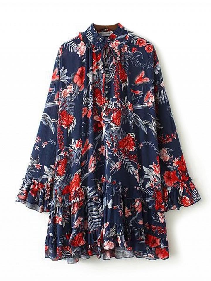 Choies Polychrome Floral Lace Up Front Flared Sleeve Shift Mini Dress