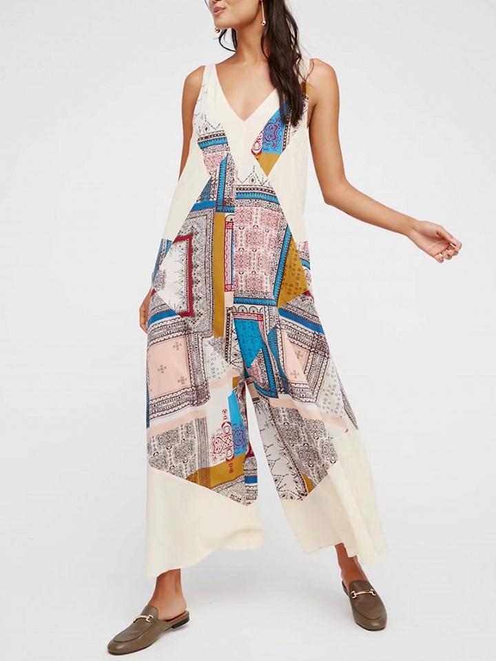 Choies Multicolor Chiffon V-neck Folk Print Chic Women Romper Jumpsuit