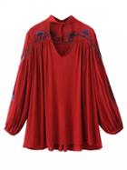 Choies Red Embroidery High Neck Plunge Front Blouson Sleeves Blouse