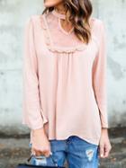 Choies Pink High Neck Cut Out Ruffle Detail Long Sleeve Blouse