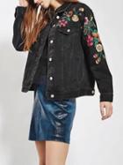 Choies Black Embroidery Floral Denim Boyfriend Jacket