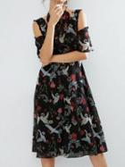 Choies Multicolor Floral Cold Shoulder Lace Trim Midi Dress