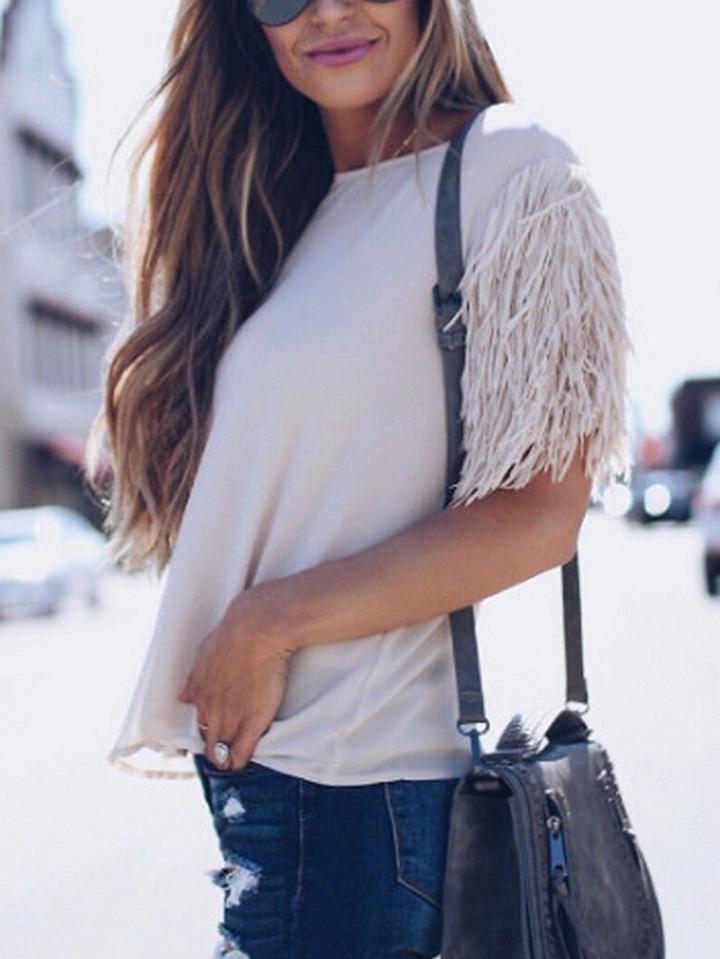 Choies White Crew Neck Tassel Sleeve Blouse