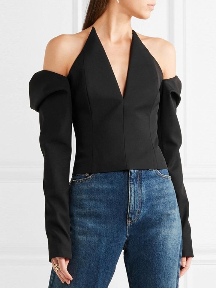 Choies Black V-neck Off Shoulder Long Sleeve Blouse