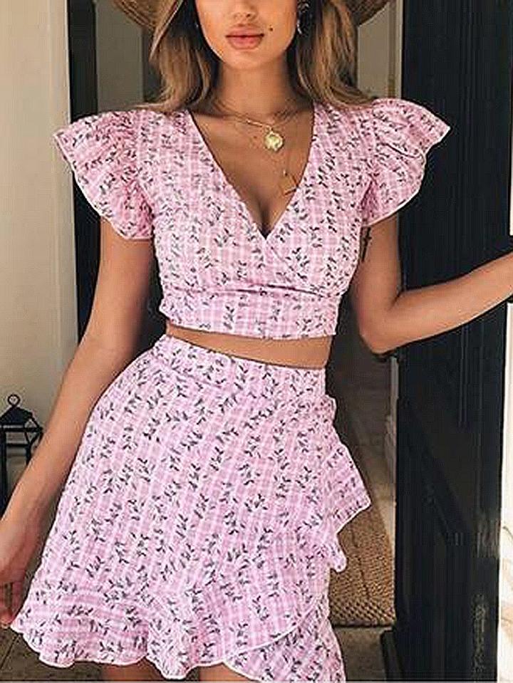 Choies Pink Plaid Plunge Floral Print Crop Top And High Waist Skirt