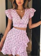 Choies Pink Plaid Plunge Floral Print Crop Top And High Waist Skirt