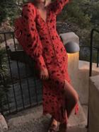Choies Red Chiffon V-neck Flower Print Puff Sleeve Chic Women Midi Dress