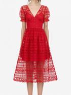 Choies Red V-neck Cut Out Detail Open Back Chic Women Lace Midi Dress