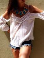 Choies White Cold Shoulder Crochet Lace Detail Long Sleeve Blouse