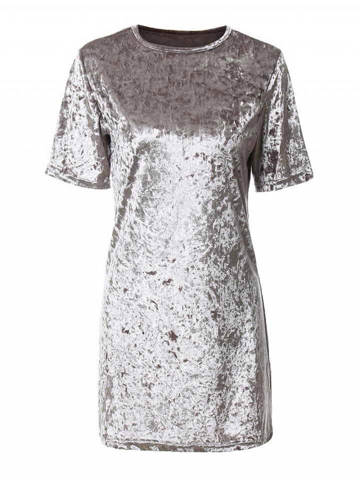 Choies Silver Short Sleeve Metallic Velvet Shift Dress