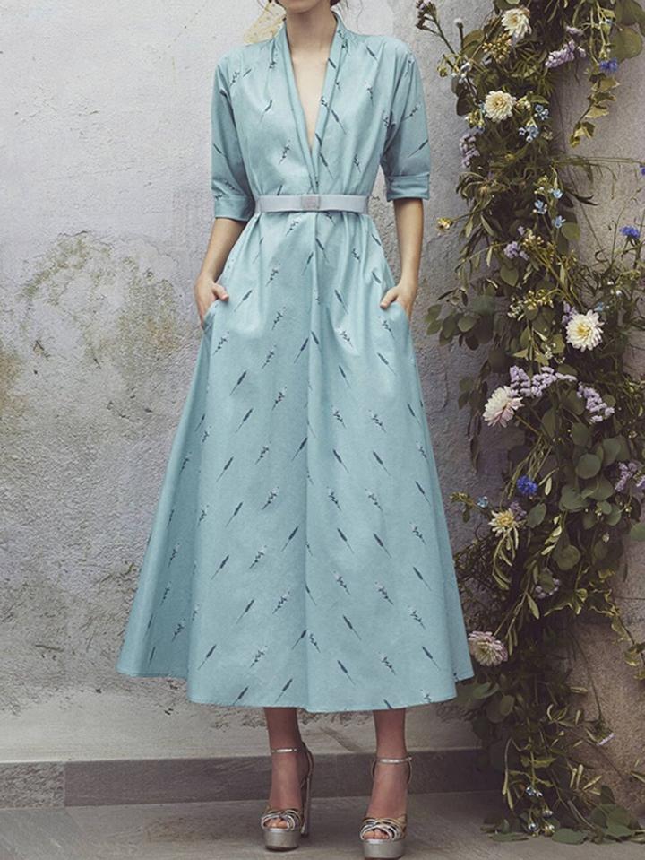 Choies Blue V-neck Floral Print Pocket Detail Chic Women Maxi Dress