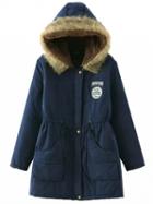 Choies Navy Drawstring Patch Detail Faux Shearling Lining Hooded Coat