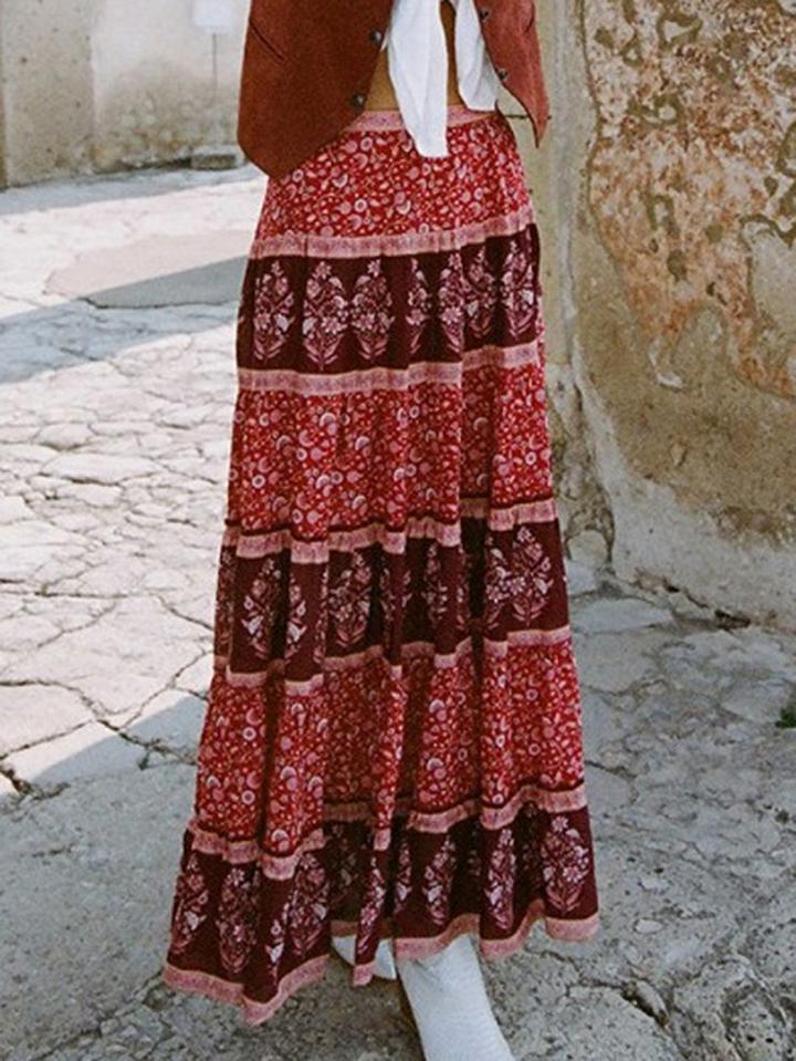 Choies Red High Waist Floral Print Chic Women Maxi Skirt