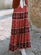 Choies Red High Waist Floral Print Chic Women Maxi Skirt