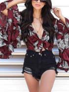 Choies Red V-neck Floral Print Ruffle Trim Flare Sleeve Crop Blouse