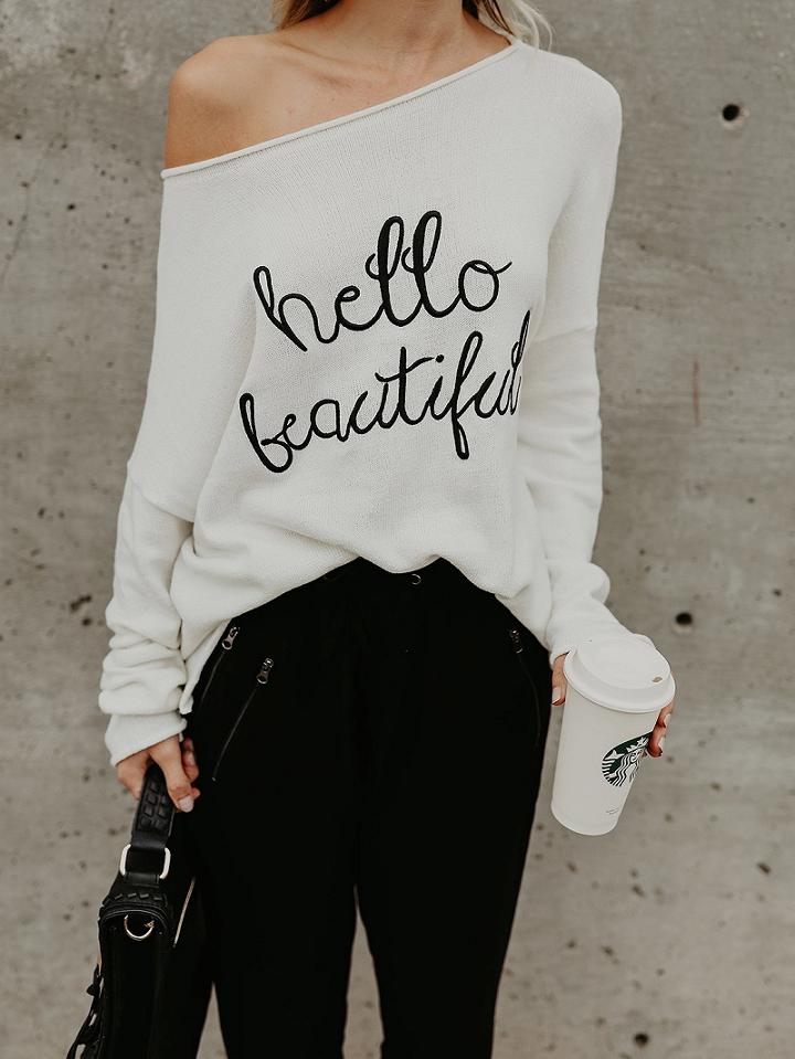 Choies White Asymmetric Neck Letter Print Long Sleeve Women Sweater