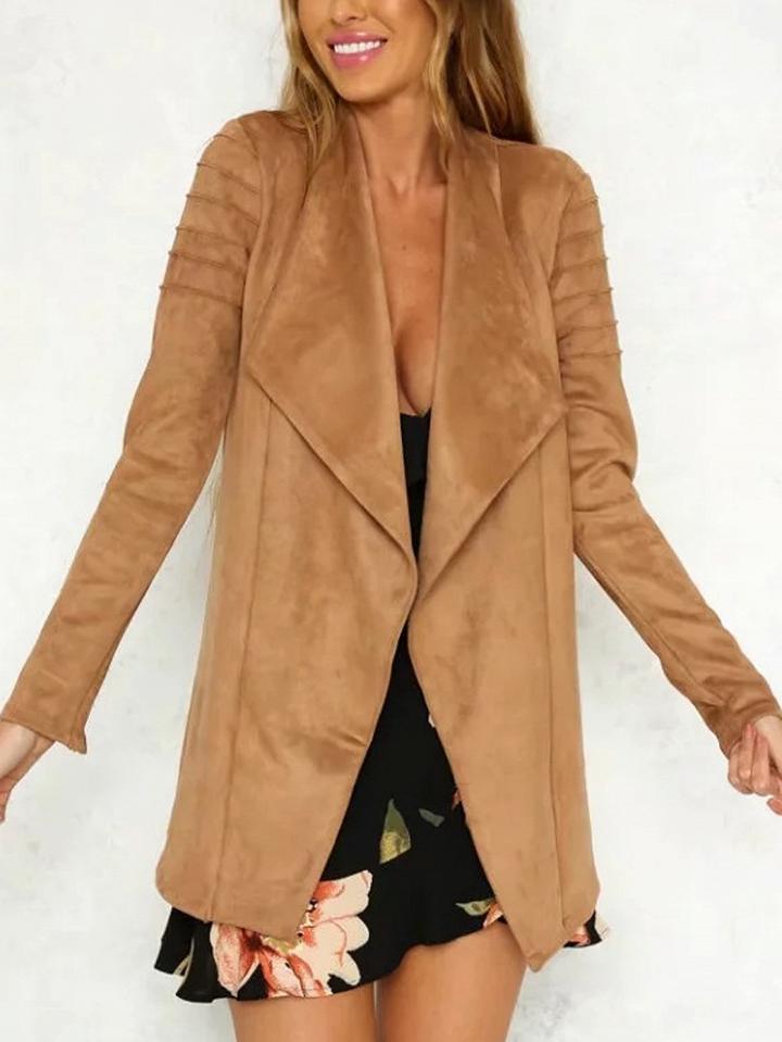 Choies Khaki Faux Suede Lapel Zip Cuff Long Sleeve Coat