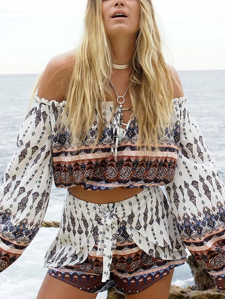 Choies Polychrome Off Shoulder Geo-tribal Flared Sleeve Crop Top And Shorts