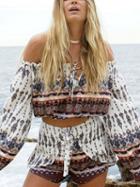 Choies Polychrome Off Shoulder Geo-tribal Flared Sleeve Crop Top And Shorts