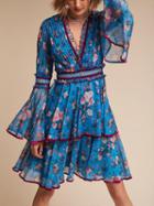 Choies Blue V-neck Floral Flared Sleeve Layered Dress