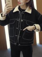 Choies Black Lapel Embroidery Back Faux Shearling Lining Denim Jacket