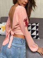 Choies Pink Embroidery Floral Tied Open Back Sweatshirt