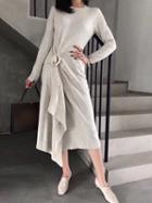 Choies Khaki Buckle Waist Long Sleeve Women Knit Midi Dress