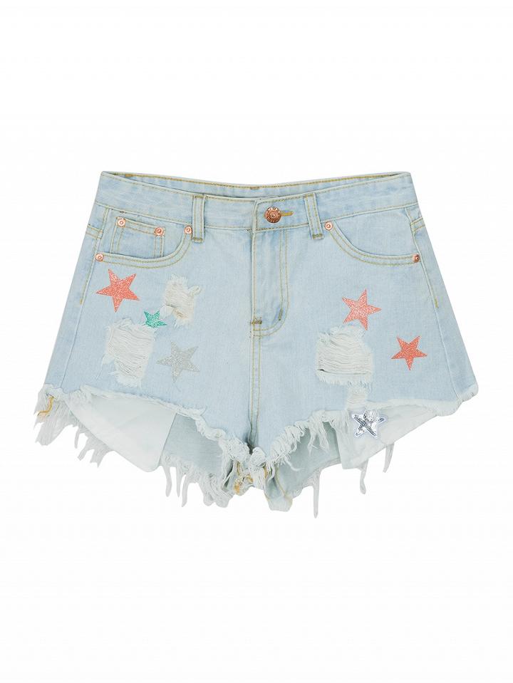 Choies Light Blue High Waist Star Embellished Ripped Raw Hem Denim Shorts
