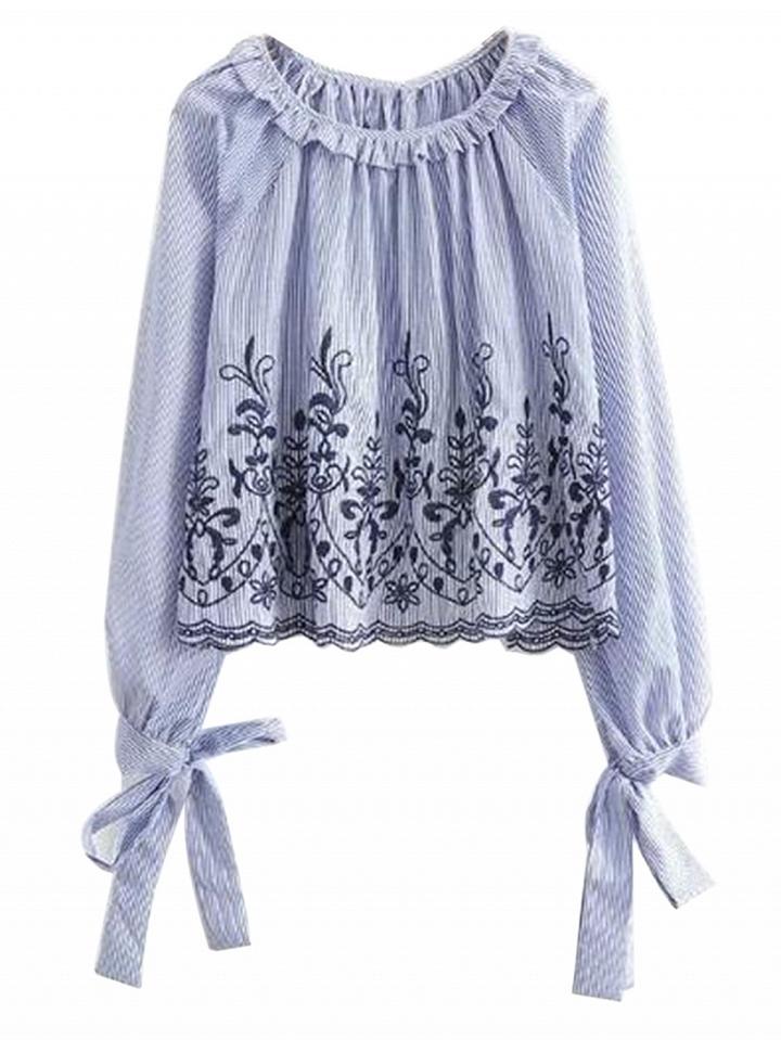 Choies Blue Stripe Ruffle Hem Embroidery Bow Sleeve Blouse