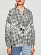 Choies Black Plaid Embroidery Detail Long Sleeve Blouse