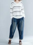 Choies White Stripe V-neck Long Sleeve Women Sweater