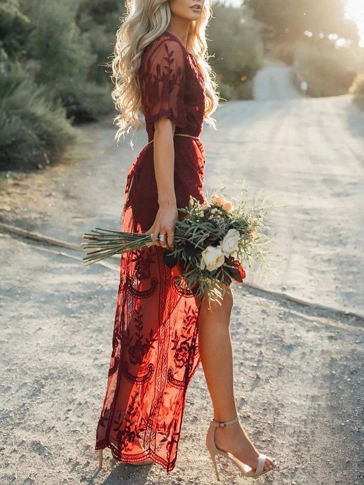 Choies Burgundy Plunge Chain Waist Short Sleeve Split Lace Maxi Dress