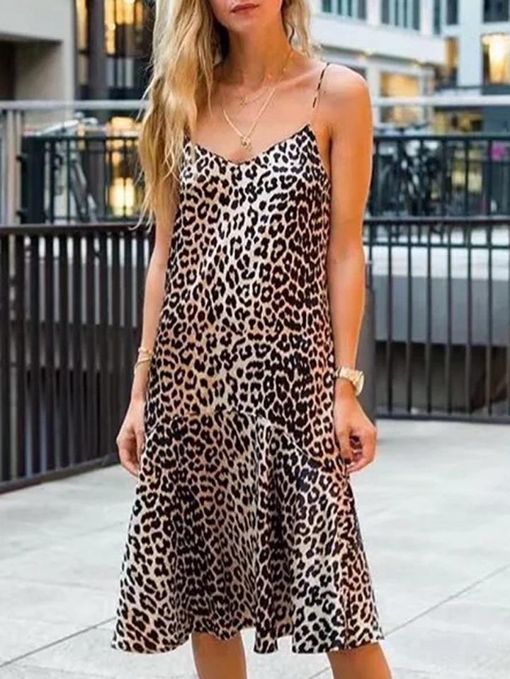 Choies Brown Leopard Print Ruffle Hem Cami Midi Dress