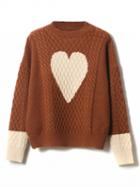 Choies Brown Contrast Heart Pattern Long Sleeve Knit Sweater
