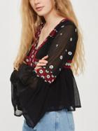 Choies Black V-neck Embroidery Detail Flare Sleeve Blouse