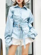 Choies Blue Midwash Belted Waist Raw Hem Denim Shirt