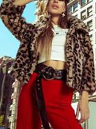 Choies Brown Leopard Faux Fur Long Sleeve Coat
