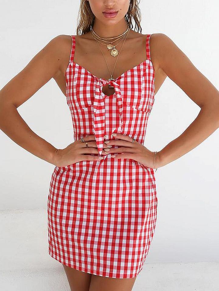 Choies Red Plaid Spaghetti Strap V-neck Tie Front Mini Dress