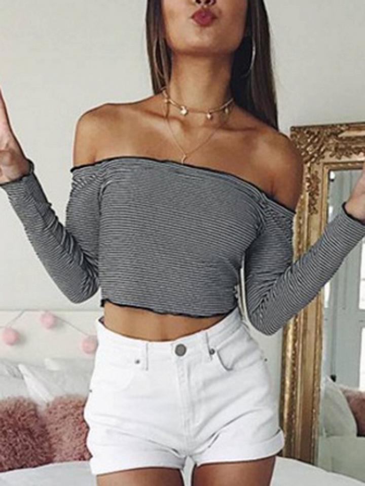 Choies Black Stripe Off Shoulder Long Sleeve T-shirt