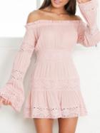 Choies Pink Off Shoulder Bell Sleeve Cutwork Lace Trim Dress