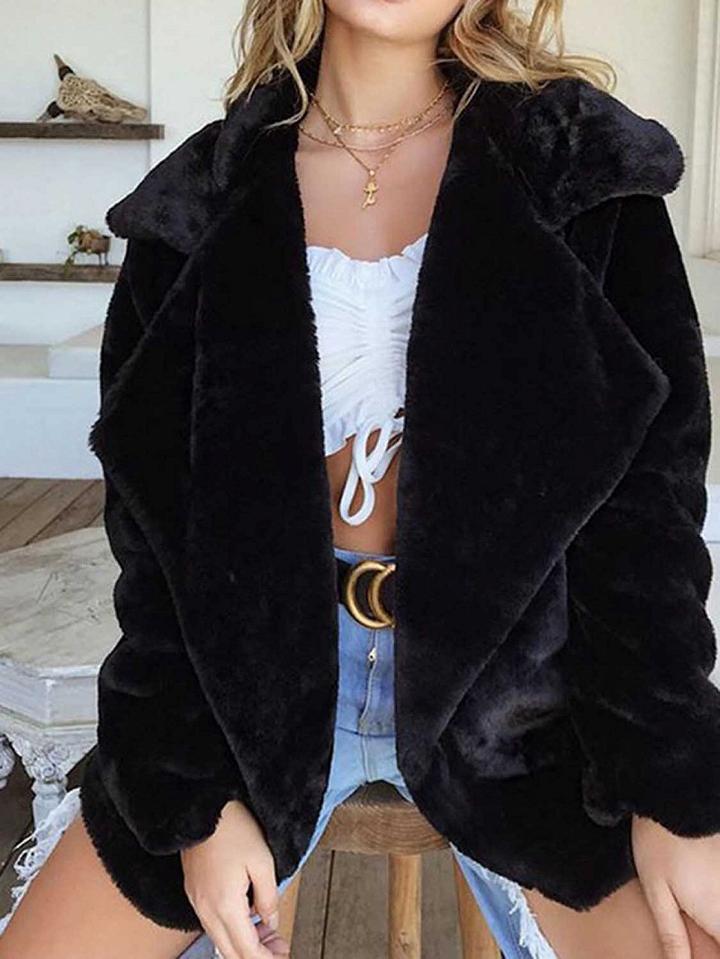 Choies Black Lapel Long Sleeve Chic Women Fluffy Coat