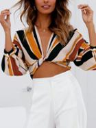 Choies Multicolor Stripe V-neck Tie Front Long Sleeve Chic Women Crop Blouse
