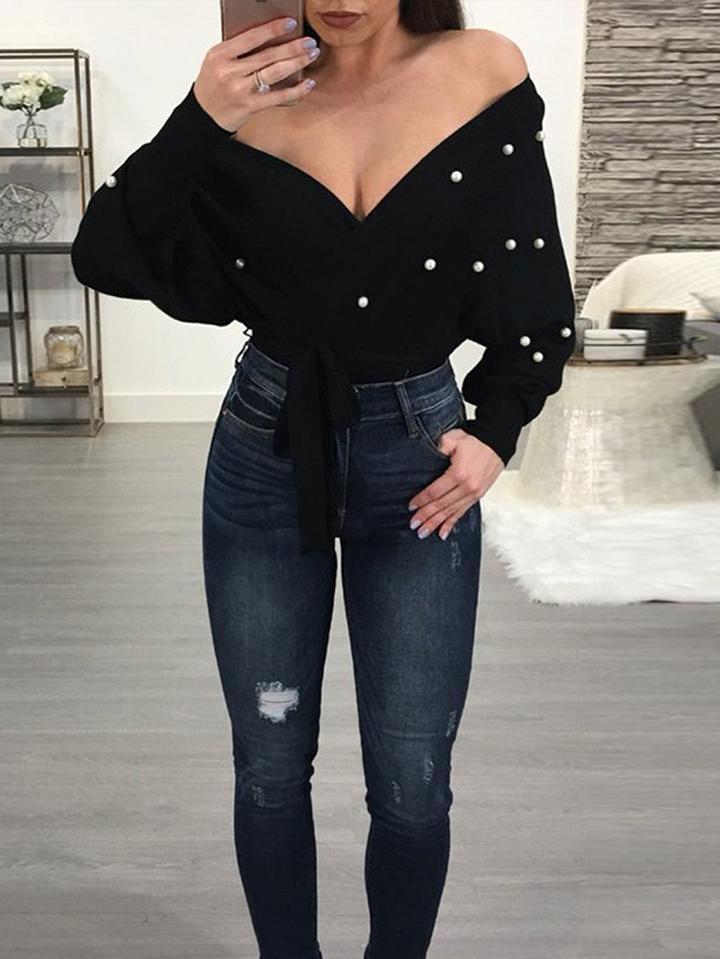 Choies Black V-neck Beaded Detail Ruffle Hem Long Sleeve Women Sweater