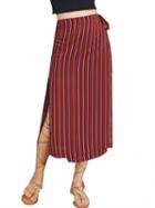 Choies Red High Waist Stripe Side Split Wrap Midi Skirt