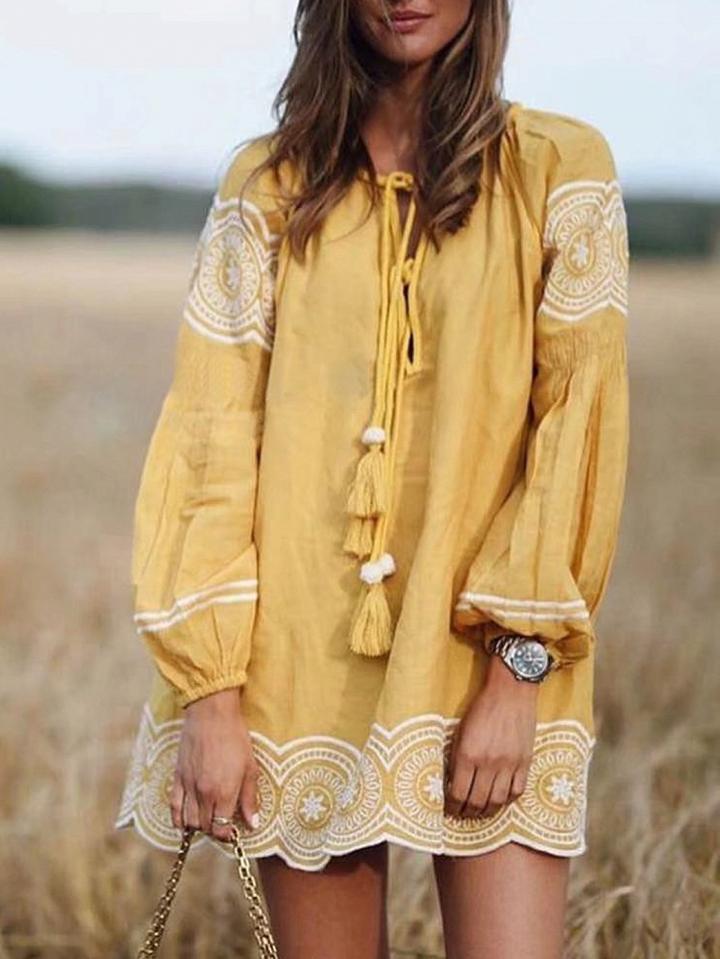Choies Yellow Folk Embroidery Tassel Tie Long Sleeve Dress