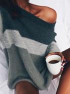 Choies Color Block Stripe Cold Shoulder Mohair Knit Sweater