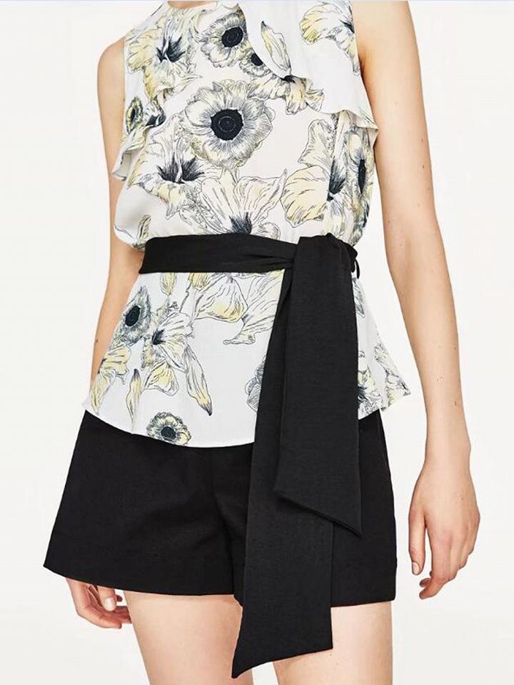Choies Cream Floral Print Frill Tie Belt Sleeveless Top