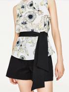 Choies Cream Floral Print Frill Tie Belt Sleeveless Top