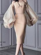 Choies Beige Off Shoulder V-neck Puff Sleeve Chic Women Bodycon Midi Dress