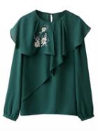 Choies Green Embroidery Floral Ruffle Detail Long Sleeve Blouse